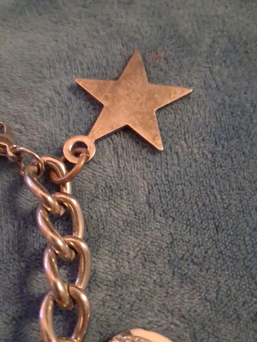 Silver Charm Bracelet with Hearts, Cross, Bible & Flag Charm Sz 8